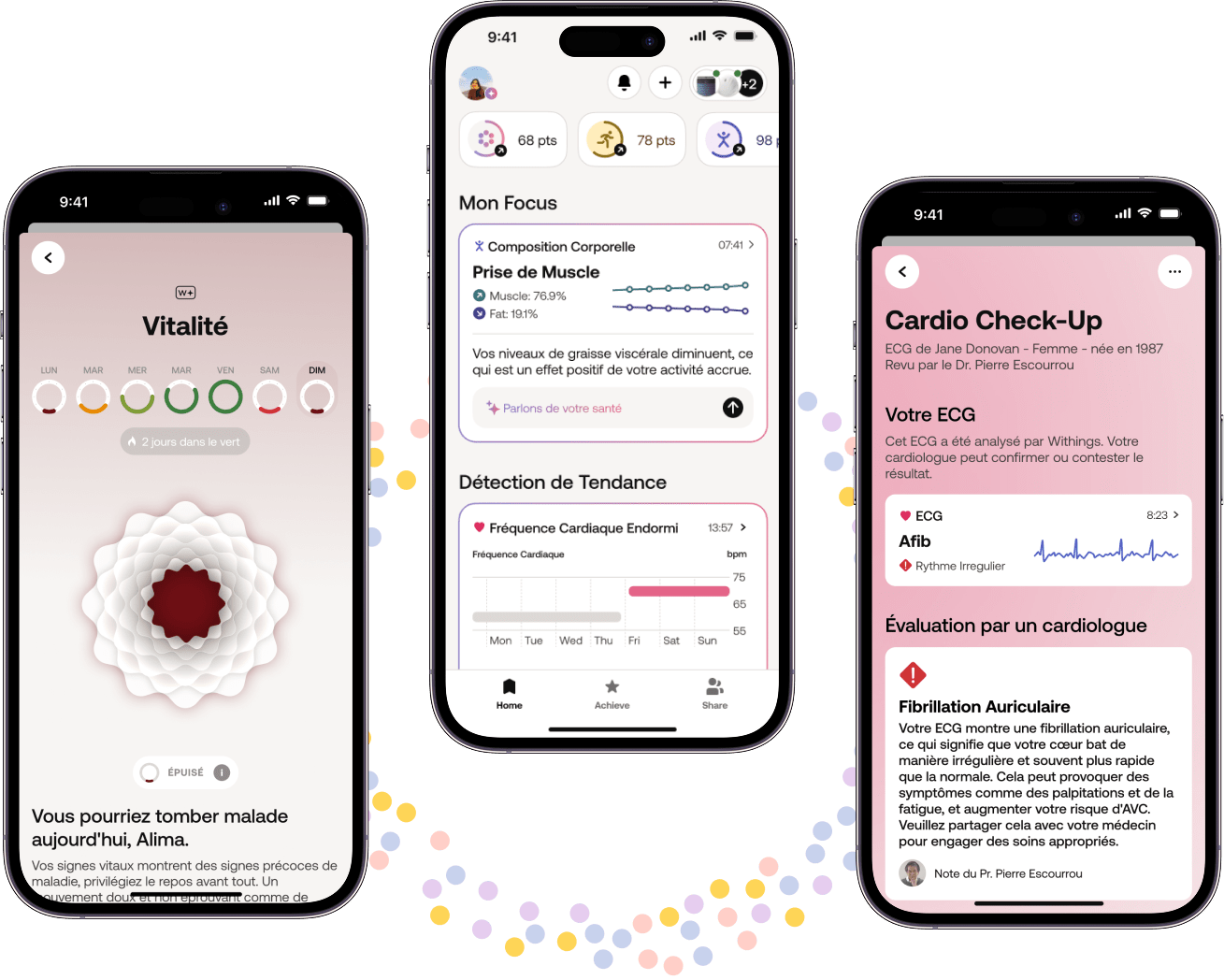 Application mobile affichant des graphiques de suivi des paramètres urinaires avec des tendances sur plusieurs semaines